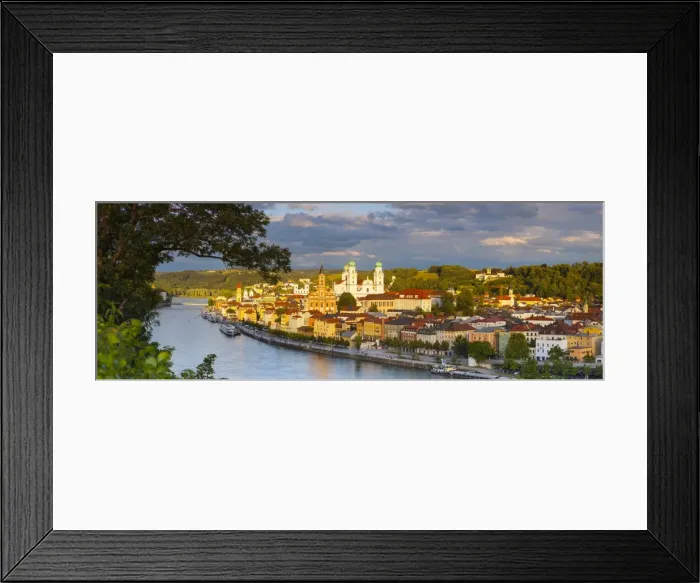 Framed Print : Elevated view towards the picturesque city of Passau illuminated at sunset, Passau Framed Print : Elevated view towards the picturesque city of Passau illuminated at sunset, Passau