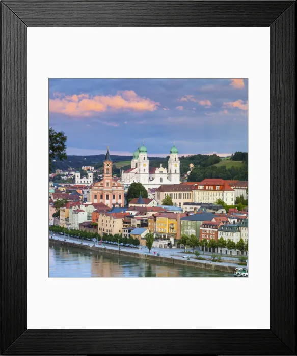 Framed Print : Elevated view towards the picturesque city of Passau at sunset, Passau, Lower Bavaria Framed Print : Elevated view towards the picturesque city of Passau at sunset, Passau, Lower Bavaria