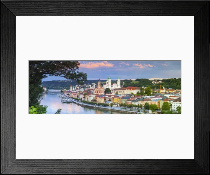 Framed Print : Elevated view towards the picturesque city of Passau at sunset, Passau, Lower Bavaria Framed Print : Elevated view towards the picturesque city of Passau at sunset, Passau, Lower Bavaria