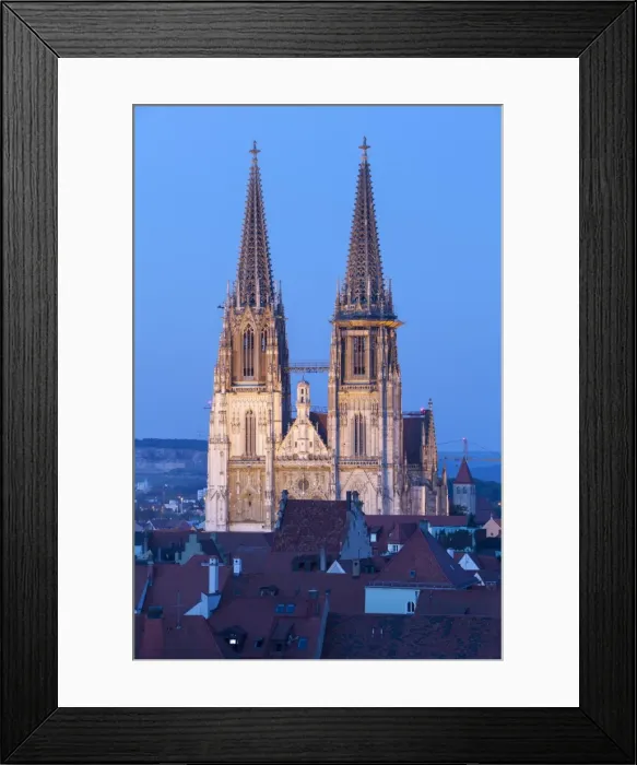 Framed Print : Elevated view towards St. Peters Cathedral illuminated at Dusk, Regensburg, Upper Palatinate