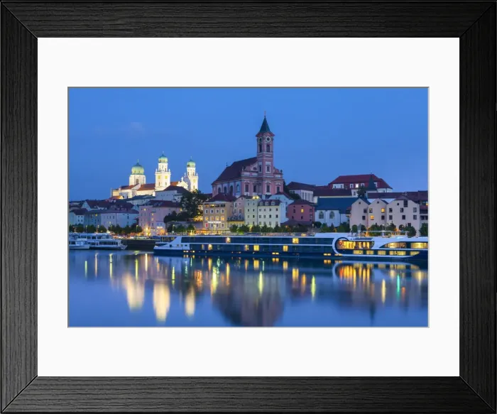Framed Print : St. Pauls church & St. Stephans Cathedral illuminated at dusk, Passau, Lower Bavaria Framed Print : St. Pauls church & St. Stephans Cathedral illuminated at dusk, Passau, Lower Bavaria
