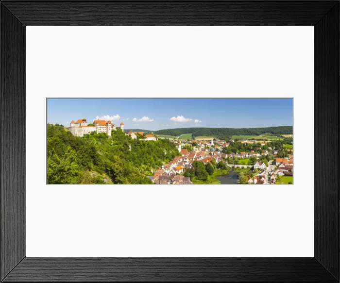 Framed Print : Elevated view over picturesque Harburg Castle & Old Town Center, Harburg, Bavaria