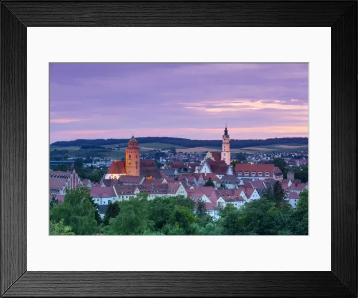Framed Print : Elevated view over Donauworth Old Town illuminated at sunset, Donauworth, Swabia
