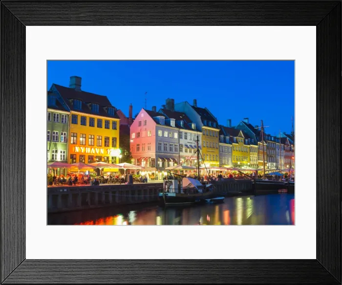 Framed Print : Denmark, Hillerod, Copenhagen. Colourful buildings along the 17th century waterfront