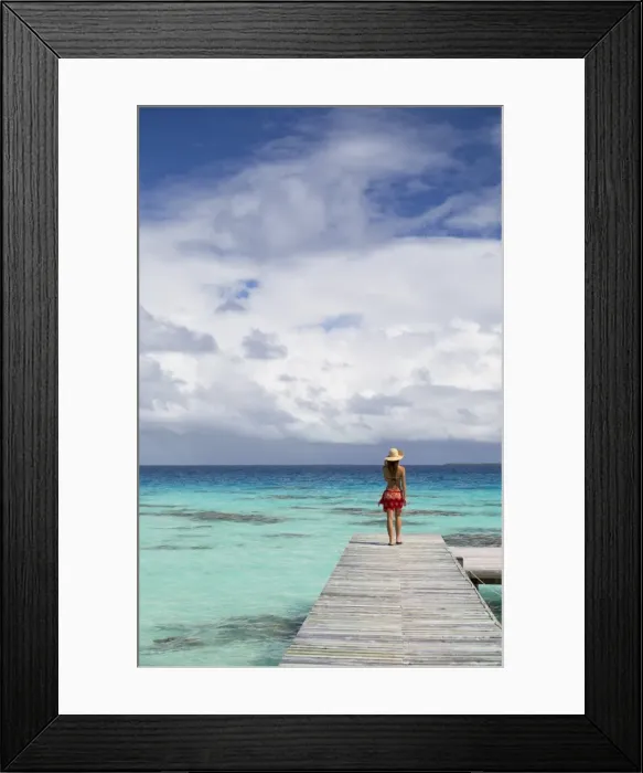 Framed Print : Woman walking on jetty, Fakarava, Tuamotu Islands, French Polynesia (MR) Framed Print : Woman walking on jetty, Fakarava, Tuamotu Islands, French Polynesia (MR)