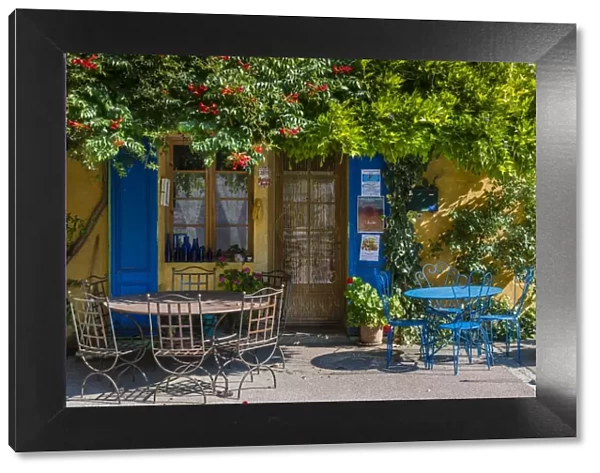 Ivy surrounded house front door with table and chairs in Provence, France