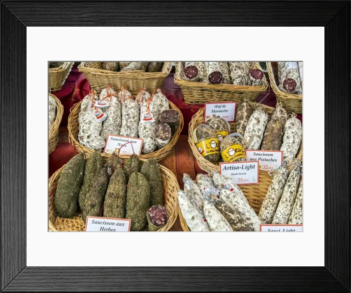 Framed Print : Local sausages or saucisson on sale at the market, Saint-Remy-de-Provence, Provence Framed Print : Local sausages or saucisson on sale at the market, Saint-Remy-de-Provence, Provence