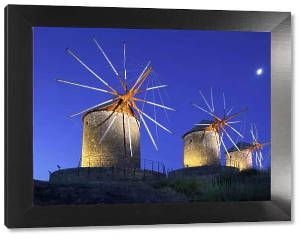 Illuminated Windmills Of Chora, Patmos, Dodecanese, Greek Islands, Greece, Europe