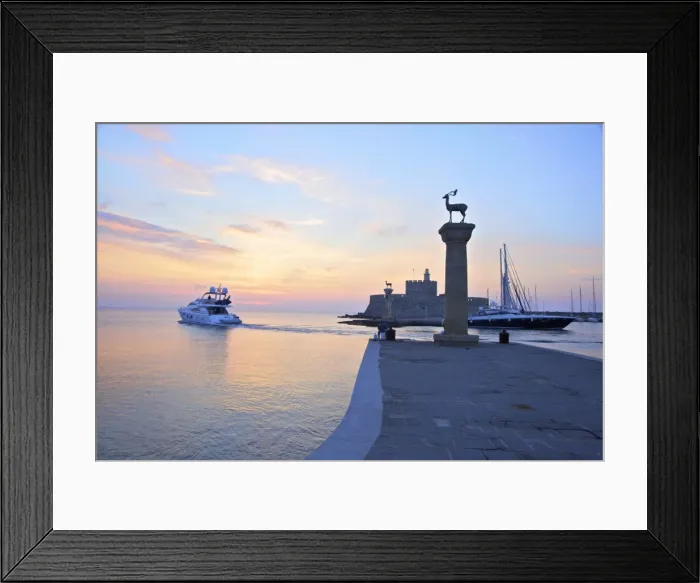 Framed Print : Bronze Doe and Stag Statues At The Entrance Of Mandraki Harbour, Rhodes, Dodecanese