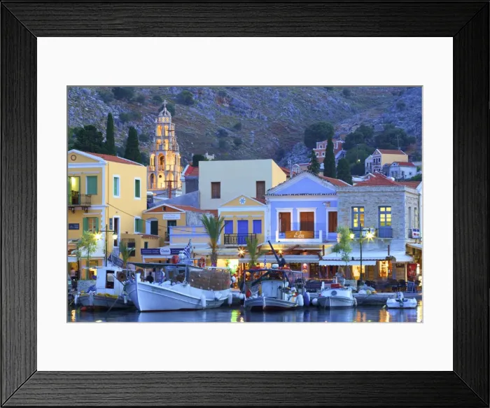 Framed Print : Boats In Symi Harbour At Dusk, Symi, Dodecanese, Greek Islands, Greece, Europe Framed Print : Boats In Symi Harbour At Dusk, Symi, Dodecanese, Greek Islands, Greece, Europe