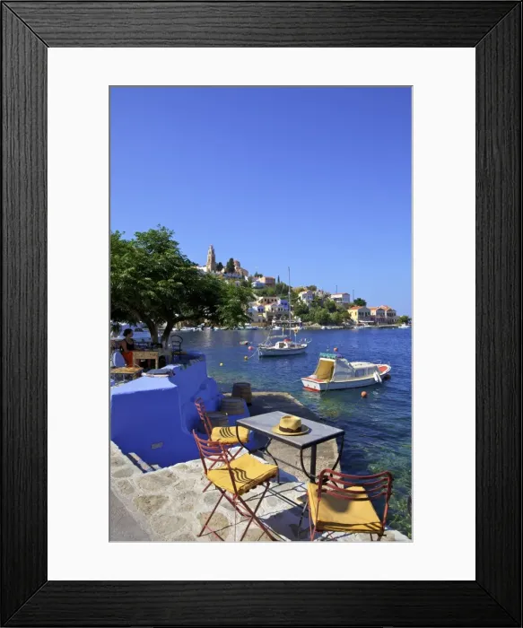 Framed Print : Restaurant In Symi Harbour, Symi, Dodecanese, Greek Islands, Greece, Europe Framed Print : Restaurant In Symi Harbour, Symi, Dodecanese, Greek Islands, Greece, Europe