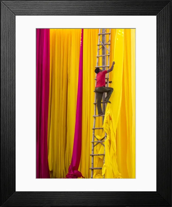 Framed Print : Sari Factory, Textiles dried in the open air, The textiles are hung to dry on bamboo rods Framed Print : Sari Factory, Textiles dried in the open air, The textiles are hung to dry on bamboo rods