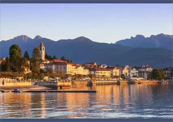 The idyllic lakeside village of Baveno illuminated at sunrise, Lake Maggiore, Piedmont