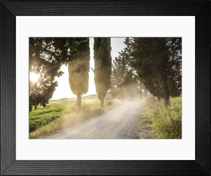 Framed Print : Cyclist on dirt road at sunset, Tuscany, Italy Framed Print : Cyclist on dirt road at sunset, Tuscany, Italy