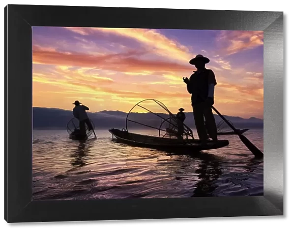 Myanmar (Burma), Shan State, Inle Lake, local fishermen at sunset