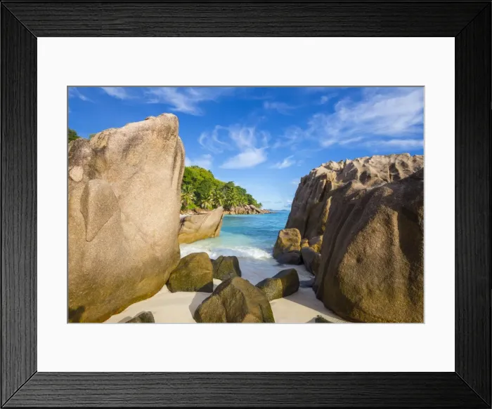 Framed Print : Palm trees and tropical beach, La Digue, Seychelles