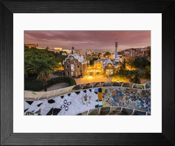 Framed Print : Park Guell with city skyline behind at dusk, Barcelona, Catalonia, Spain