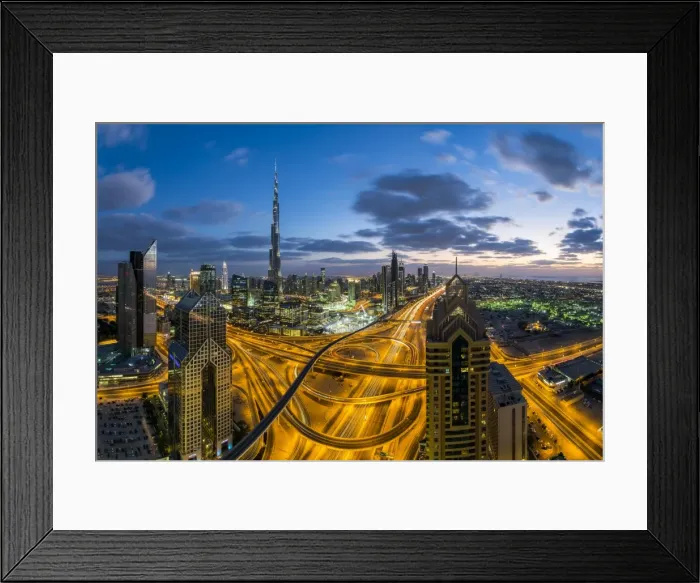 Framed Print : The Burj Khalifa Dubai, elevated view across Sheikh Zayed Road and Financial Centre