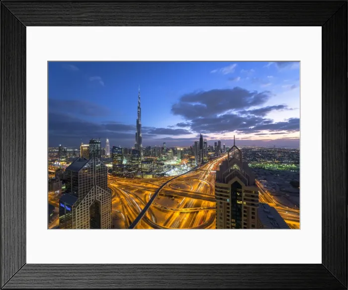 Framed Print : The Burj Khalifa Dubai, elevated view across Sheikh Zayed Road and Financial Centre Framed Print : The Burj Khalifa Dubai, elevated view across Sheikh Zayed Road and Financial Centre