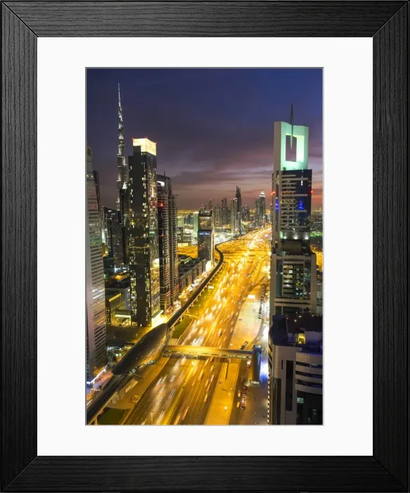Framed Print : Elevated view at dusk over Downtown & Sheikh Zayed Road looking towards the Burj Kalifa, Dubai, United Arab Emirates, UAE