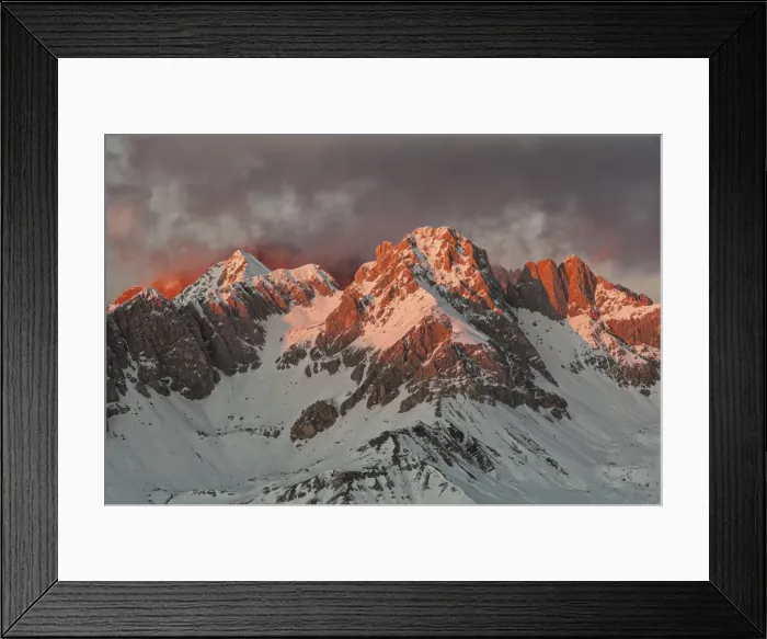 Framed Print : Dolomites, Italy. Fiery winter sunset towards the Sasso di Valfredda as seen from Col Margherita
