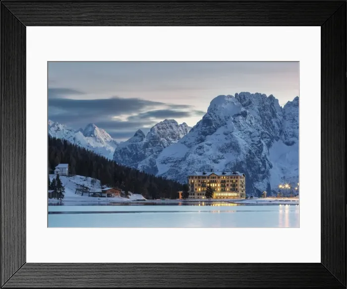 Framed Print : Dusk in Misurina, Auronzo, Dolomites, Veneto, Italy. Winter landscape with frozen lake Framed Print : Dusk in Misurina, Auronzo, Dolomites, Veneto, Italy. Winter landscape with frozen lake