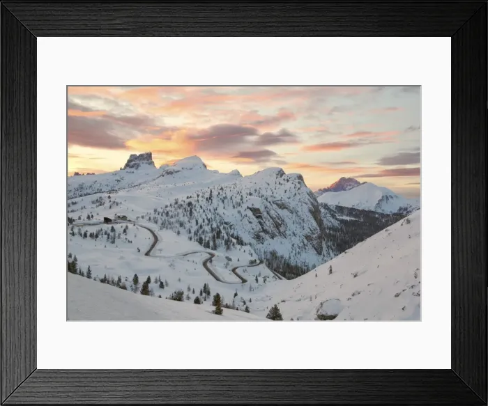 Framed Print : Dolomites, Veneto, Italy. Winter sunrise towards Falzarego with Mount Averau in Framed Print : Dolomites, Veneto, Italy. Winter sunrise towards Falzarego with Mount Averau in
