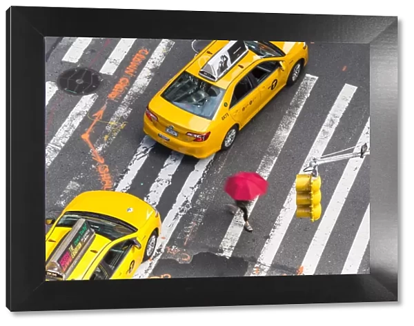 Yellow taxi cabs & crossing, overhead view, New York, Manhattan, New York, USA