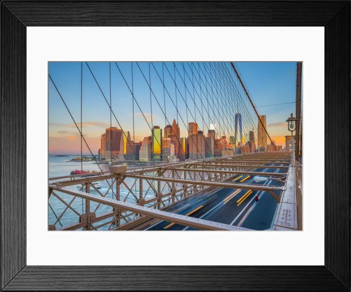 Framed Print : USA, New York, Brooklyn Bridge and Lower Manhattan Skyline with Freedom Tower