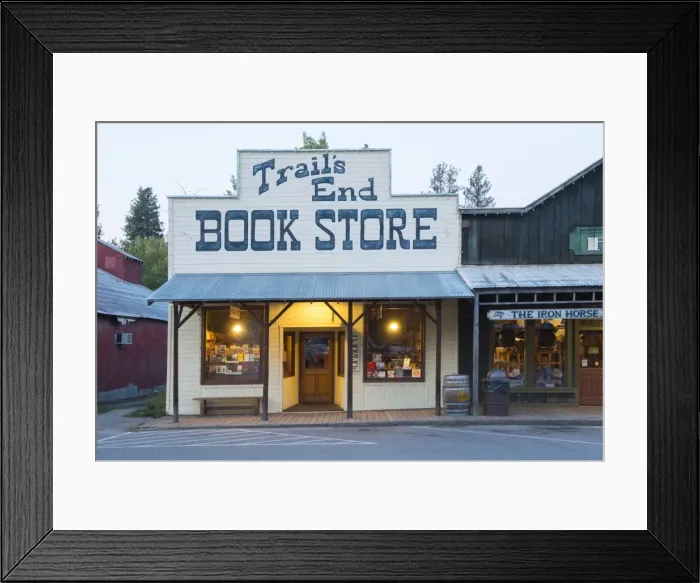 Framed Print : USA, Washington, Okanogan County, Winthrop, Book Store at dusk Framed Print : USA, Washington, Okanogan County, Winthrop, Book Store at dusk