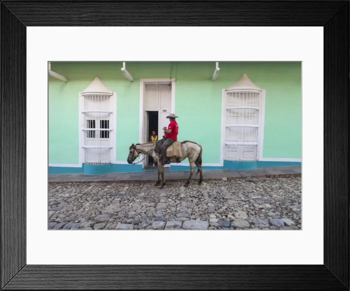 Framed Print : Cuba, Trinidad, Milkman on horseback delivers bottles of milk to house