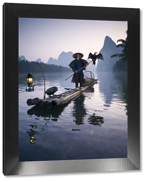 China, Guanxi, Yangshuo. Old chinese fisherman at sunrise on the Li river, fishing with cormorants