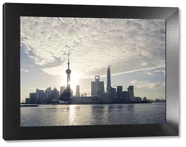 China, Shanghai. Pudong business district cityscape at sunrise