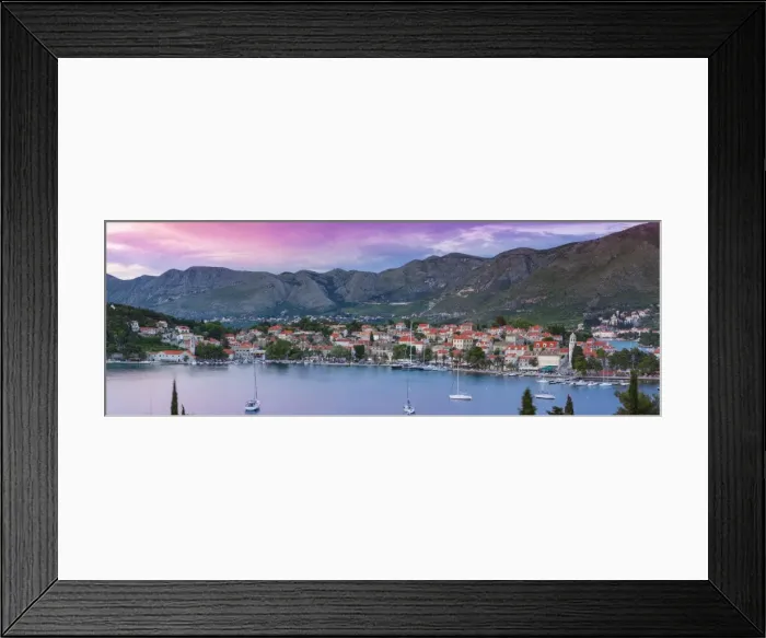 Framed Print : Elevated view over picturesque harbor town of Cavtat illuminated at sunset, Cavtat Framed Print : Elevated view over picturesque harbor town of Cavtat illuminated at sunset, Cavtat