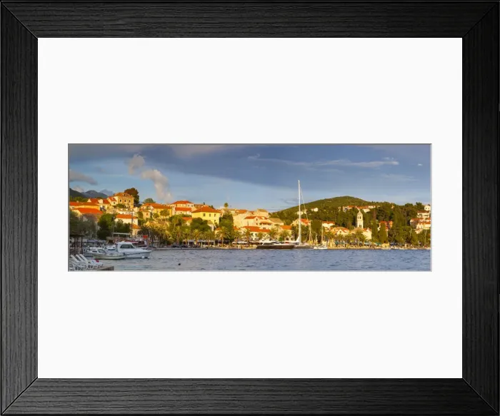 Framed Print : The picturesque harbor town of Cavtat illuminated at sunset, Cavtat, Dalmatia, Croatia