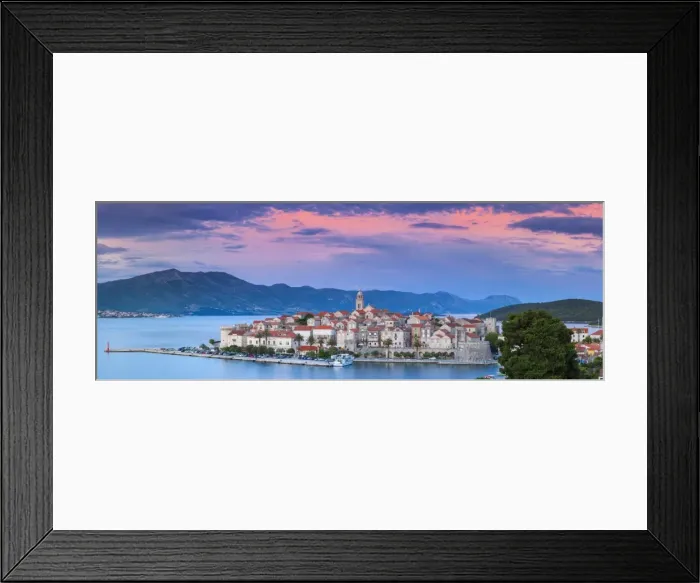 Framed Print : Elevated view over picturesque Korcula Town illuminated at sunset, Korcula, Dalmatia Framed Print : Elevated view over picturesque Korcula Town illuminated at sunset, Korcula, Dalmatia