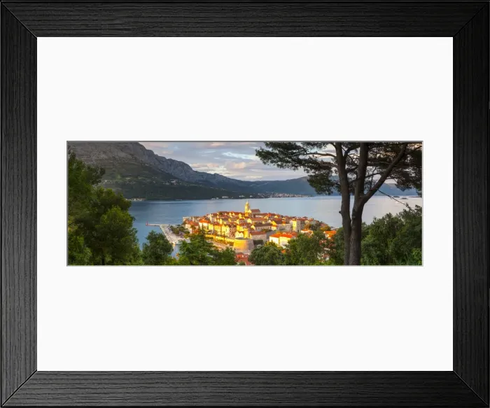 Framed Print : Elevated view over picturesque Korcula Town illuminated at sunset, Korcula, Dalmatia Framed Print : Elevated view over picturesque Korcula Town illuminated at sunset, Korcula, Dalmatia