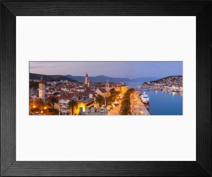 Framed Print : Elevated view over Trogirs Stari Grad (old town) illuminated at dusk, Trogir, Dalmatia