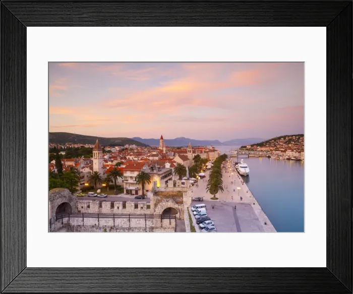 Framed Print : Elevated view over Trogirs Stari Grad (Old Town) illuminated at sunset, Trogir, Dalmatia