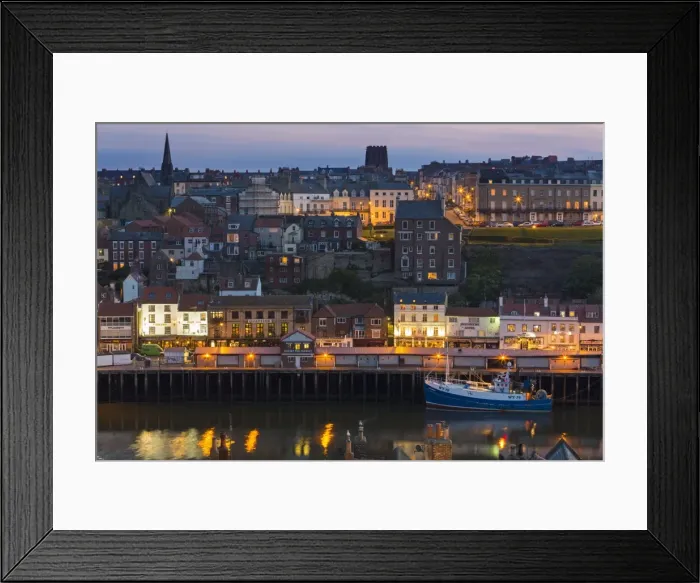 Framed Print : United Kingdom, England, North Yorkshire, Whitby. A view of the harbour at dusk Framed Print : United Kingdom, England, North Yorkshire, Whitby. A view of the harbour at dusk