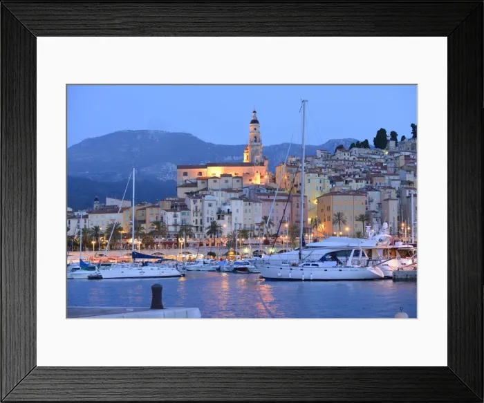 Framed Print : Menton at dusk, Cote D azur, France, Europe Framed Print : Menton at dusk, Cote D azur, France, Europe