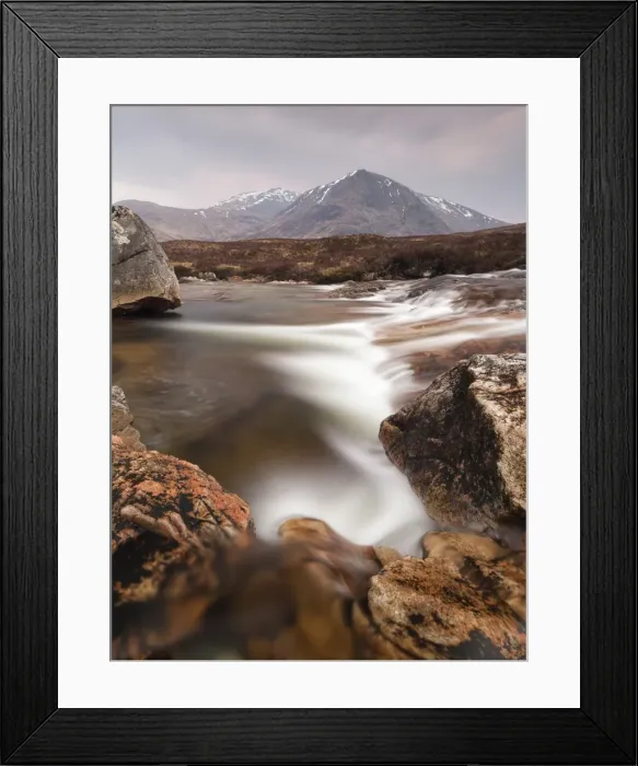 Framed Print : United Kingdom, UK, Scotland, Highlands, River Coupall and Black Mount peaks beyond