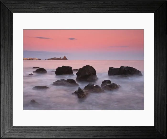 Framed Print : Italy, Sicilia, Sicily, Last light at dusk, in the background the Cyclopes stacks Framed Print : Italy, Sicilia, Sicily, Last light at dusk, in the background the Cyclopes stacks