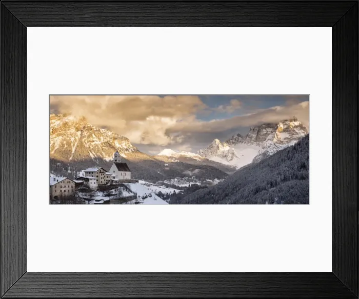Framed Print : Italy, Veneto, Dolomites, The small church of Colle Santa Lucia at sunset, in Framed Print : Italy, Veneto, Dolomites, The small church of Colle Santa Lucia at sunset, in