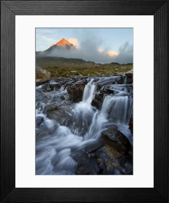 Framed Print : Italy, Italian Alps, Lombardy, Mountain peak and river at sunset, Stelvio National Park Framed Print : Italy, Italian Alps, Lombardy, Mountain peak and river at sunset, Stelvio National Park