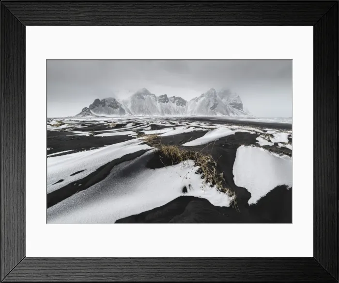 Framed Print : Iceland, East Iceland, Austurland, Black and white dunes on beach after blizzard