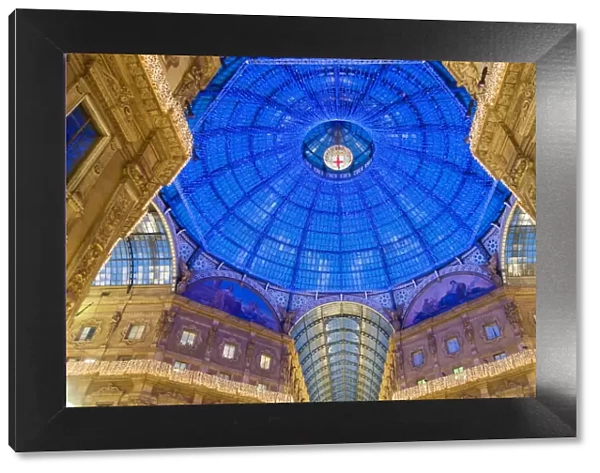 Dome of the Vittorio Emanuele II gallery decorated with Christmas lights, Milan, Italy