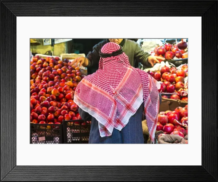 Framed Print : Arab man waerinf Keffiyeh buying apples in market, Amman, Jordan Framed Print : Arab man waerinf Keffiyeh buying apples in market, Amman, Jordan