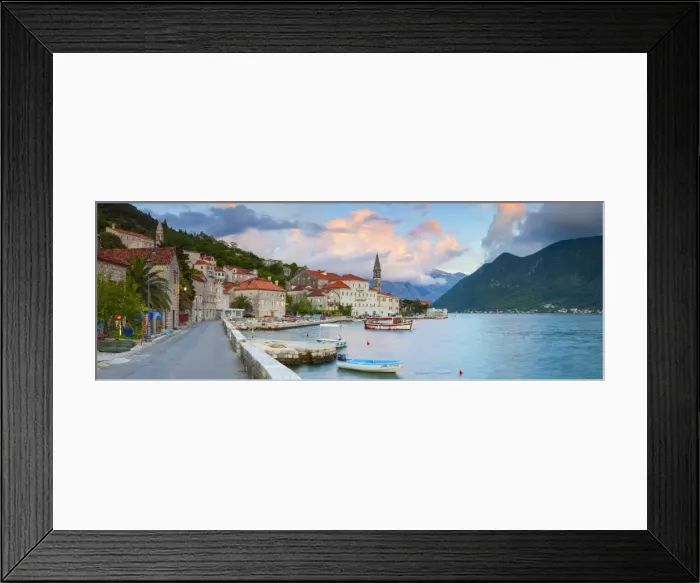 Framed Print : The picturesque coastal village of Perast illuminated at sunset, Perast, Bay of Kotorska