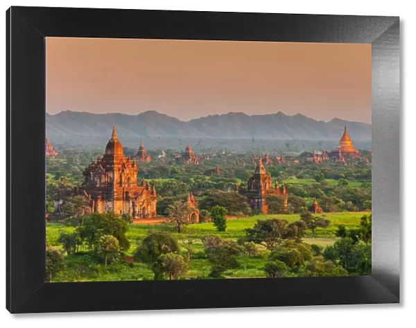 Panoramic view at sunset over the ancient temples and pagodas, Bagan, Myanmar or Burma